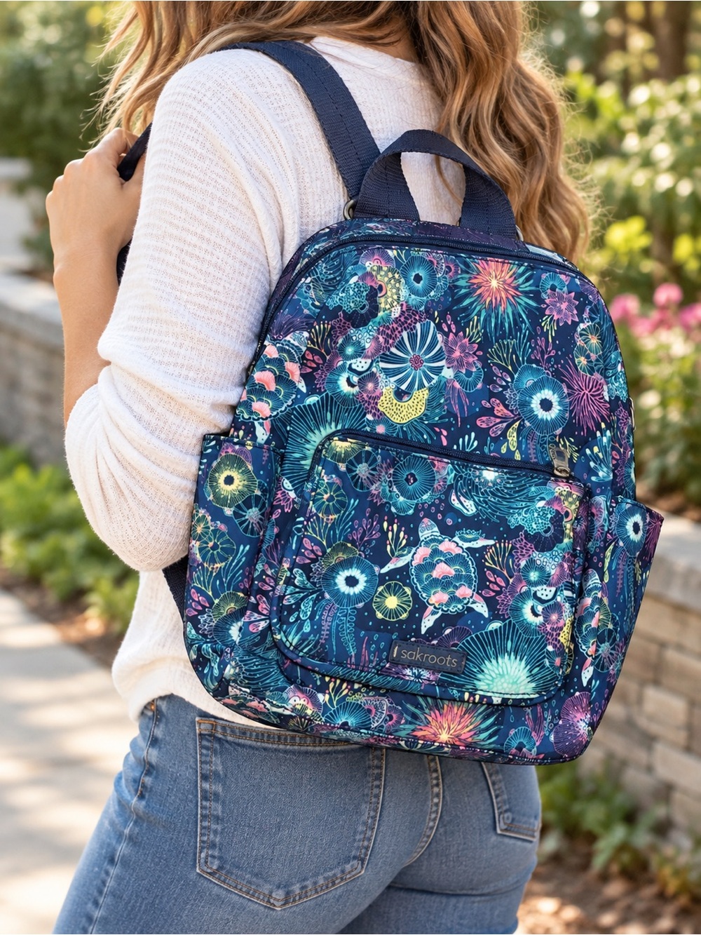 Sakroots Navy Floral Convertible Backpack Crossbody Shoulder Bag